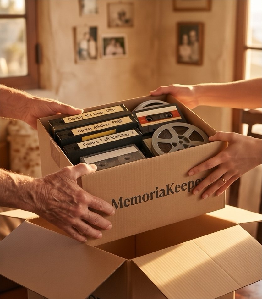 Hands passing a box of old videotapes